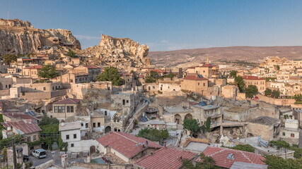 Fototapeta na wymiar Urgup Town aerial view from Temenni Hill in Cappadocia Region of Turkey timelapse