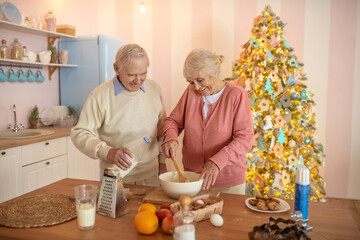 Elderly couple cooking something in the kitchen