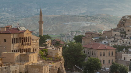 Obraz premium Urgup Town aerial view from Temenni Hill in Cappadocia Region of Turkey timelapse
