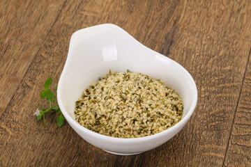 Peeled hemp seeds in the bowl