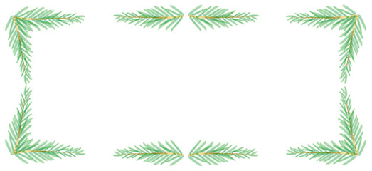 Rahmen aus Tannenzweigen auf weißem Hintergrund.