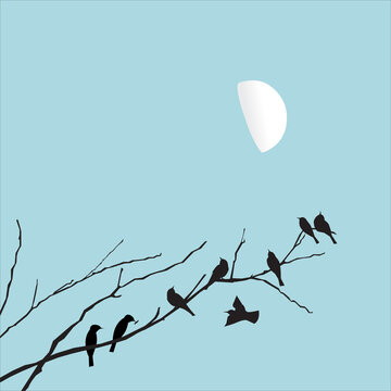 silhouette flock of birds on branch tree vector