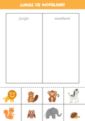Sort all animals into jungle and woodland. Logical game for children.