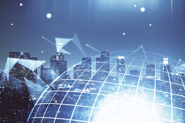 Map and data theme hologram on city view with skyscrapers background double exposure. International technology in business concept.