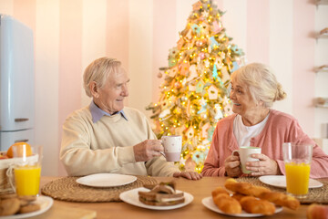 Elderly couple enjoying breafast and looking happy