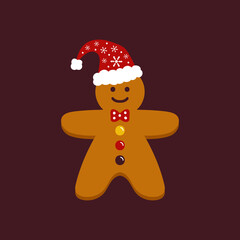 Cute cartoon style gingerbread man in red santa hat, christmas traditional cookie.