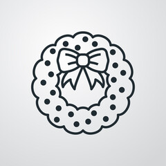 Tiempo de Navidad. Logotipo Corona de navidad floral con lazo de cinta en lineas en fondo gris