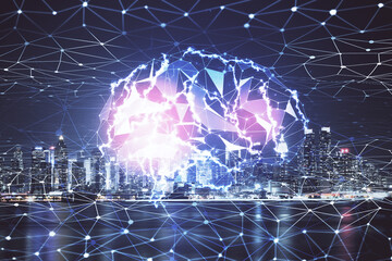 Obraz premium Brain hologram drawing on city scape background Double exposure. Brainstorming concept.