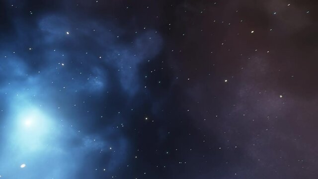 CGI Loopable Animation Space Travel Throug Blue and Orange Nebula Clouds and Star Systems.
