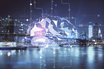 Brain hologram drawing on city scape background Double exposure. Brainstorming concept.