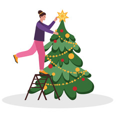 The woman is preparing for the new year. The girl decorates the Christmas tree while standing on the stairs.
