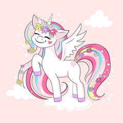 Beautiful unicorn on a pink background. Birthday card. Vector cartoon illustration