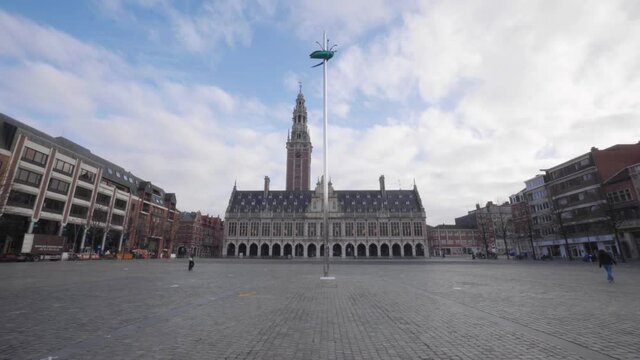Front view of Ladeuze square with 
Jan Fabre's artwork scarab beetle on a needle. Leuven, Belgium