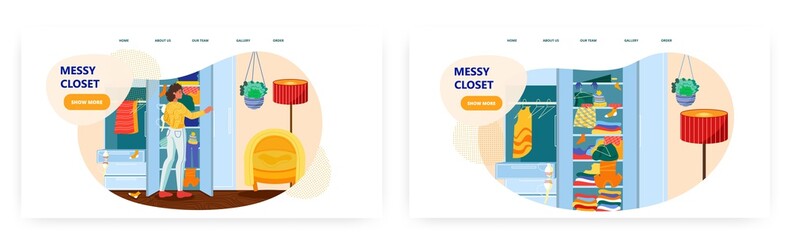 Woman is choosing dress from her messy closet. Mess at home concept vector illustration. Room interior with wardrobe. Clothes scattered around closet