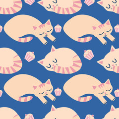 Cute sleeping kawaii cats with cupcakes vector seamless pattern background. Pink blue backdrop with curled up sleepy cartoon kitties. Hand drawn illustration. Monochrome pet design. All over print