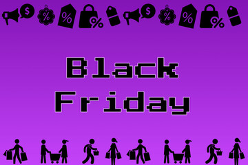 Black Friday text on abstract background, festival celebration, graphic design illustration of a group of people