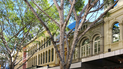 Beautiful old facades in Victorian style in the Queen Street Mall of Brisbane, Australia