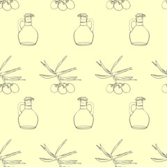 Seamless pattern of an olive tree sprig and a bottle of olive oil. Three olives on a branch with leaves. Glass jug of olive oil with cork. Background on the theme of cooking for kitchen decoration