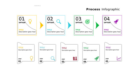 Business process infographic template set can be used to design the steps and process.