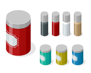Isometric set of variety of spices in glass and metal jars. Salt and spices in metal containers on white background