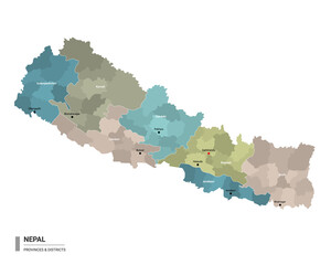 Nepal higt detailed map with subdivisions. Administrative map of Nepal with districts and cities name, colored by states and administrative districts. Vector illustration.