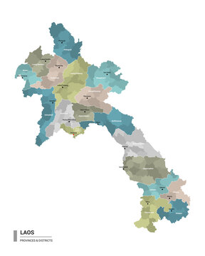 Laos higt detailed map with subdivisions. Administrative map of Laos with districts and cities name, colored by states and administrative districts. Vector illustration.