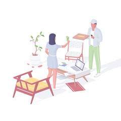 Courier delivery food home isometric vector. Male character hands ordered pizza box into hands of customer.
