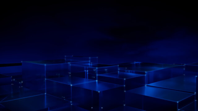 Futuristic, High Tech, blue platform background, with network lines conveying a connectivity concept. 3D render