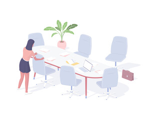 Fototapeta premium Woman prepares office for business meeting isometric illustration. Female secretary character arranges chairs tidies up before conference.