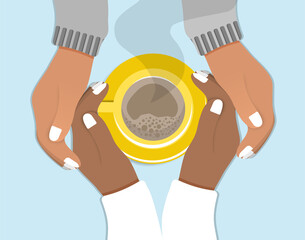 Female hands hold cups of coffee. Vector illustration of two friends drinking coffee, cappuccino.