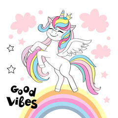 Beautiful unicorn and the inscription Good vibes. Vector cartoon illustration. Birthday card