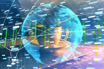 Multi exposure of business theme icons and work space with computer background. Concept of success.