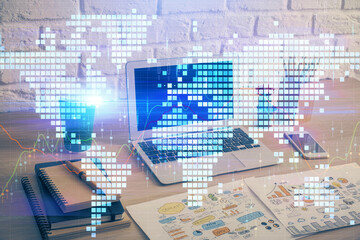 Multi exposure of business theme icons and work space with computer background. Concept of success.