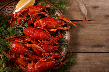 Crayfish boiled on a dish with dill spices and lemon.
