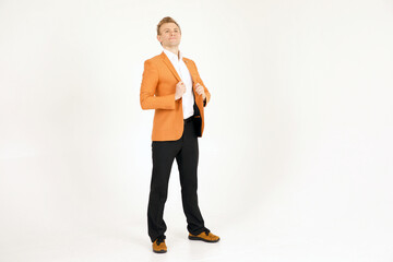 Attractive caucasian adult male wearing orange jacket