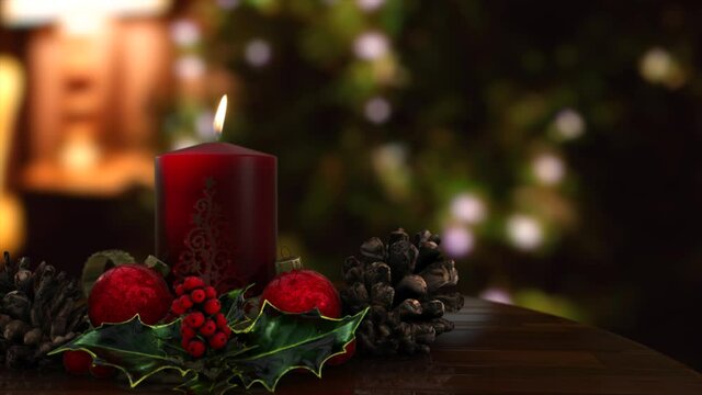 Realistic 3D CGI render of a Christmas Candle Table Decoration, in warm red and gold with a shiny holly sprig and a warm homely background.� Features space for you to add the message of your choice.
