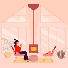 Girl on arm-chair by the fireplace. Vector flat illustration