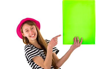 Happy girl child poke at empty blank paper isolated on white background. copy space