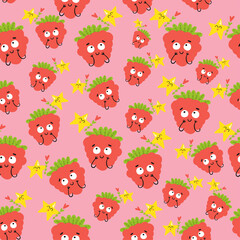 Vector seamless pattern with raspberry berry and hearts on a pink background. This cute children's doodle illustration is suitable for printing on children's, home clothes and pajamas