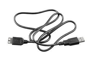 USB extension cord black isolated on white background.