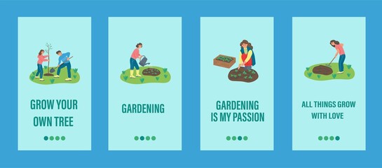 Garden work mobile app template. People are engaged in gardening, planting trees and plants. Flat vector illustration.