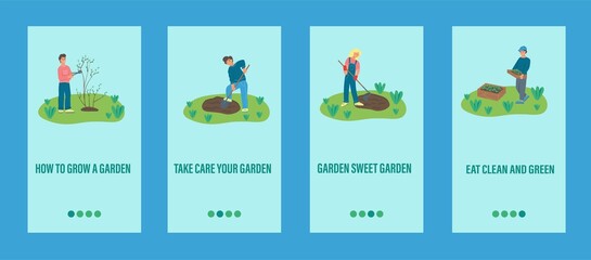 Garden work mobile app template. People are engaged in gardening, planting trees and plants. Flat vector illustration.