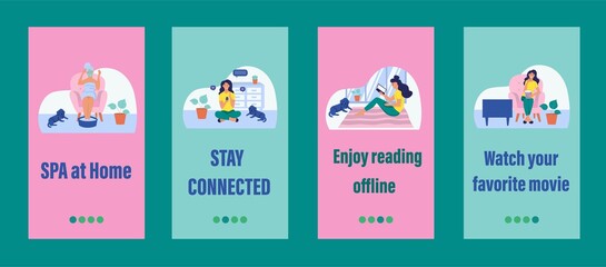Obraz premium Daily life mobile app template. Concept of home Affairs, self-isolation, sports at home. Flat vector illustration.