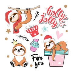 Christmas collection with funny sloths. Vector cartoon illustration on white background isolated