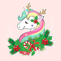 Christmas unicorn with deer antlers. Christmas and New Years postcard. Vector cartoon illustration