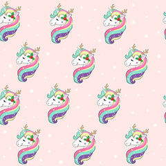 Christmas unicorns on peach background seamless pattern. Cute vector illustration