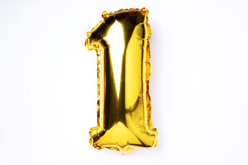 Fototapeta premium Creative layout. Golden foil balloon number and digit one 1. Birthday greeting card. Anniversary concept. Top view. Copy space. Stylish gold numeral over white background. Numerical digit.
