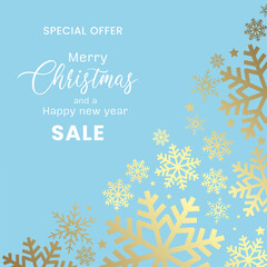 Merry Christmas special offer and SALE promotion banner, invitations, posters, banners, flyers, placards. Minimal template design, advertising with winter Christmas composition in blue background.