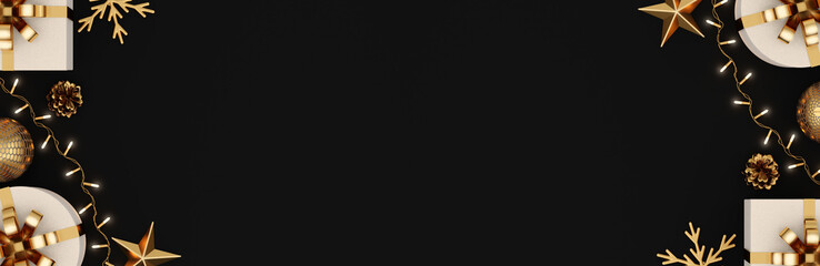 Christmas and new year concept background. luxury color tone. decorated with a gift boxes and Christmas ornaments. Copy Space for text and presentation. 3D illustration