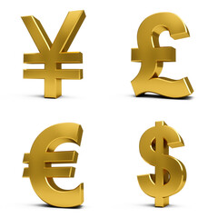 3D Rendering golden Currency Symbols Set isolated on white background